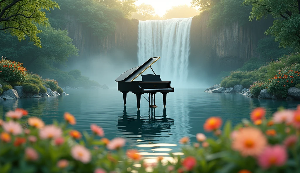 This image is、I draw tranquil natural scenery.。In the center is a grand piano placed on the water surface.、A waterfall cascades in the background.、Lush tree々It is surrounded by。In the foreground there are colorful flowers、The soft light of early morning or evening envelops the whole.。This scene、It creates a peaceful and magical atmosphere.。