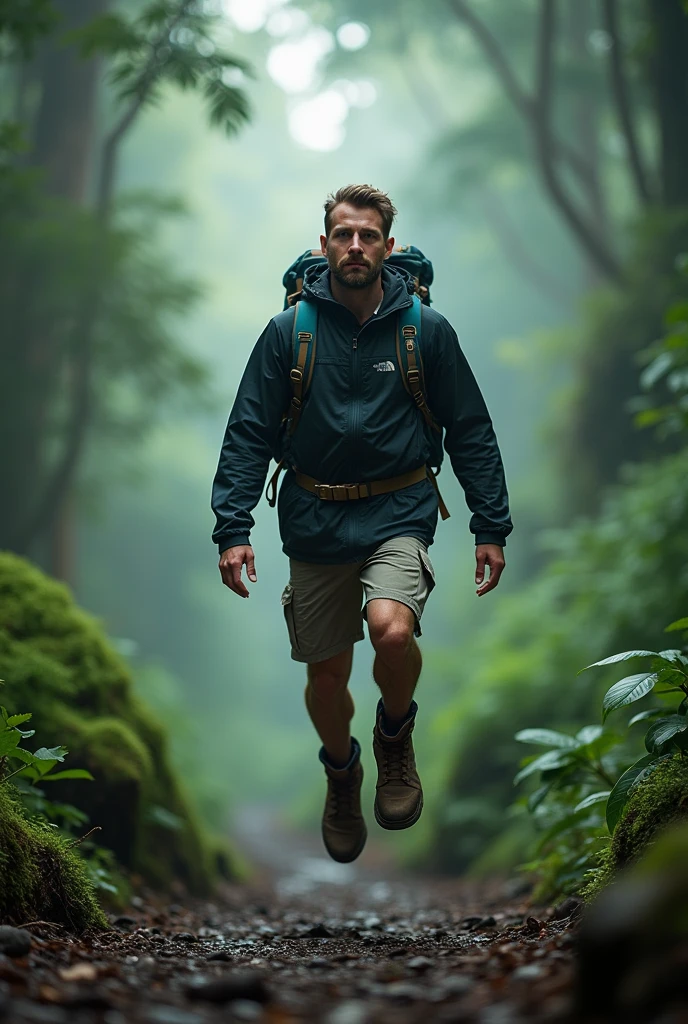 A full body, cinematic portrait of a Americian-looking man with short hair wearing boots. He is 170 cm tall and weighs 70 kg. He is wearing a shorts and jacket and a North Face backpack, standing in a rainforest. He is an outdoor photographer. The background has subtle light, creating a magical rainforest scene. The man is jumping in the rainforest, creating a mystical rainforest atmosphere. His face is looking at the camera, and the portrait is taken from the Front. The image should be realistic.