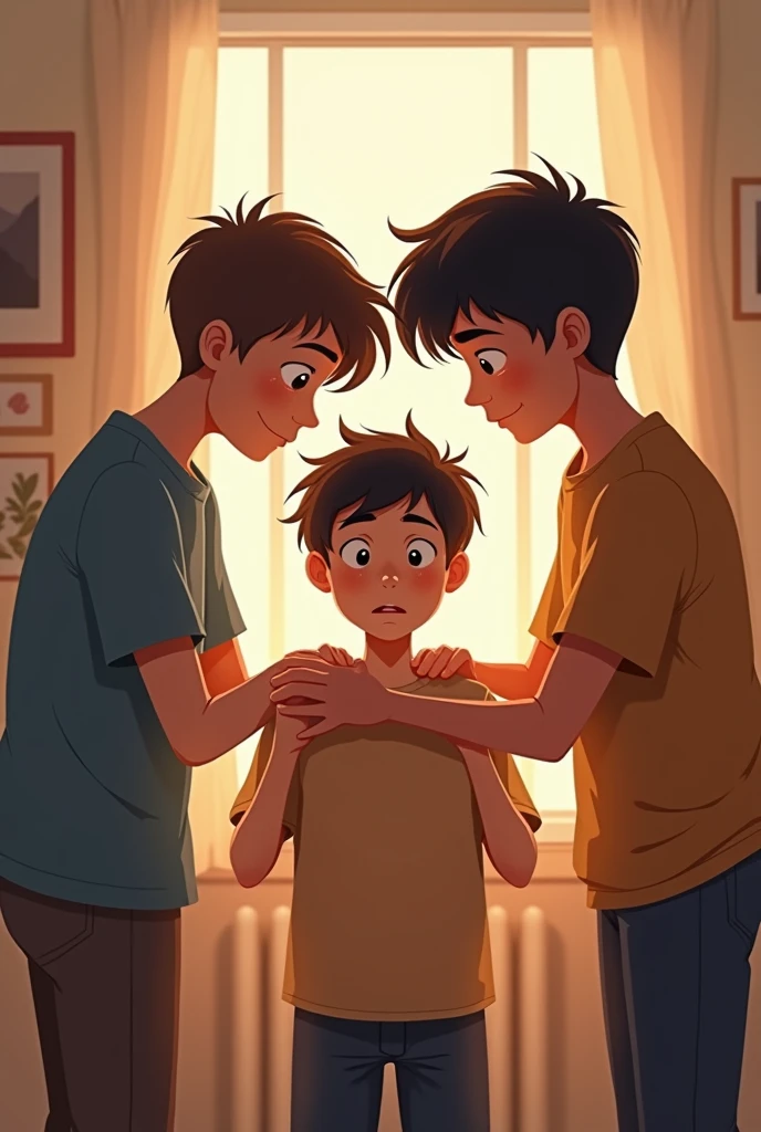 The 2 brother put his hands on his younger brother's shoulders.