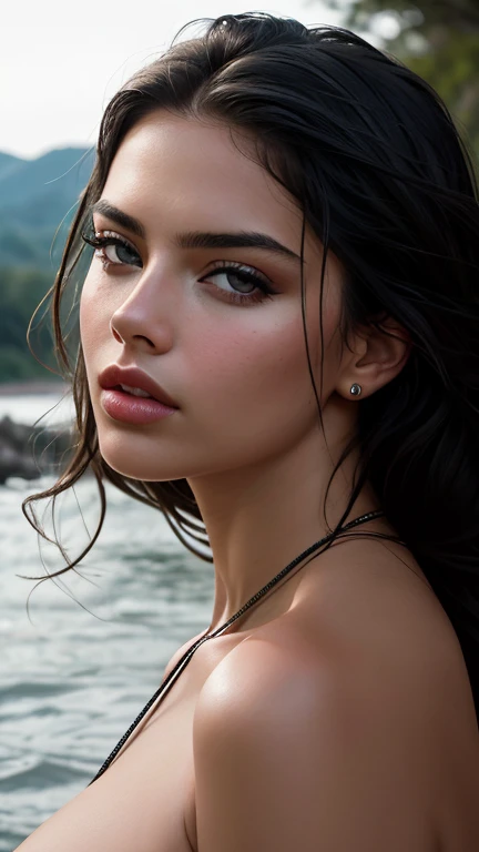 Intense portrait captures the essence of physical beauty, Sharp focus on the subject, intriguing sensual woman, (Adriana Lima:0.8), detailed eyes lips face hair, cinematic lighting, river,masterpiece,Dolby Vision,shot on canon eos r1