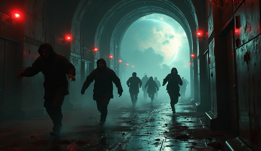 Cosmic horror, space nebula, dark corners, monsters in corners, glow of mystic light,) running scared long corridors, the ship is abandoned, photo real, master piece, scared faces torn clothes, women injured, lights shone in their faces, blood and red lights