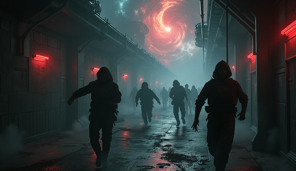 Cosmic horror, space nebula, dark corners, monsters in corners, glow of mystic light,) running scared long corridors, the ship is abandoned, photo real, master piece, scared faces torn clothes, women injured, lights shone in their faces, blood and red lights