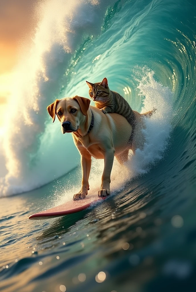 Type: Ultrarealistic, Cinematic
Subject: A Labrador-type dog and a cat surfing together on a massive, towering wave. The dog is in the front, paws firmly planted on the surfboard, with an expression of both exhilaration and focus. The cat, perched right behind the dog, clings tightly to the dog’s back, its fur slightly ruffled by the wind and water spray. The cat’s wide eyes convey a mix of awe and slight fear as they ride the enormous wave. The scene is filled with dynamic movement, capturing the surreal and thrilling moment.
Environment: A vast ocean with a giant, curling wave about to crash. The background shows the endless sea, with the sun setting on the horizon, casting a dramatic golden light over the scene. The water spray and reflections create a vibrant, intense atmosphere.
Art Style: Photorealistic with a strong emphasis on the texture of the fur, the surfboard, and the water. The motion of the wave and the dynamic poses of the animals should convey a sense of epic scale and energy.
Lighting: Golden-hour lighting from the setting sun, creating dramatic contrasts and warm highlights on the fur and water.
Camera: Wide-angle shot, capturing the full scale of the wave and the intensity of the duo's ride, with a focus on their expressions and the movement of the wave.
Resolution: 4K, high-definition, ensuring sharp details in the fur, water droplets, and the overall cinematic composition.

{Ultrarealistic dog and cat surfing a giant wave, cinematic, photorealistic, high-definition, wide-angle shot}
