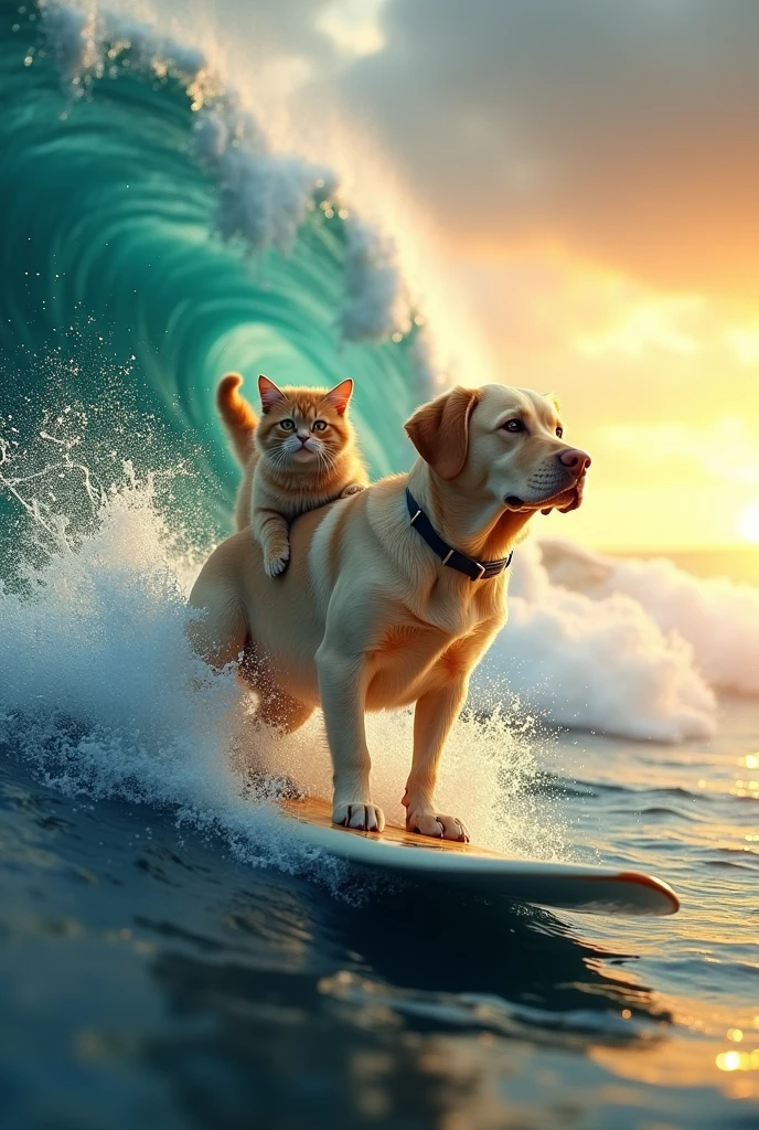 Type: Ultrarealistic, Cinematic
Subject: A Labrador-type dog and a cat surfing together on a massive, towering wave. The dog is in the front, paws firmly planted on the surfboard, with an expression of both exhilaration and focus. The cat, perched right behind the dog, clings tightly to the dog’s back, its fur slightly ruffled by the wind and water spray. The cat’s wide eyes convey a mix of awe and slight fear as they ride the enormous wave. The scene is filled with dynamic movement, capturing the surreal and thrilling moment.
Environment: A vast ocean with a giant, curling wave about to crash. The background shows the endless sea, with the sun setting on the horizon, casting a dramatic golden light over the scene. The water spray and reflections create a vibrant, intense atmosphere.
Art Style: Photorealistic with a strong emphasis on the texture of the fur, the surfboard, and the water. The motion of the wave and the dynamic poses of the animals should convey a sense of epic scale and energy.
Lighting: Golden-hour lighting from the setting sun, creating dramatic contrasts and warm highlights on the fur and water.
Camera: Wide-angle shot, capturing the full scale of the wave and the intensity of the duo's ride, wit? a focus on their expressions and the movement of the wave.
Resolution: 4K, high-definition, ensuring sharp details in the fur, water droplets, and the overall cinematic composition.

{Ultrarealistic dog and cat surfing a giant wave, cinematic, photorealistic, high-definition, wide-angle shot}
