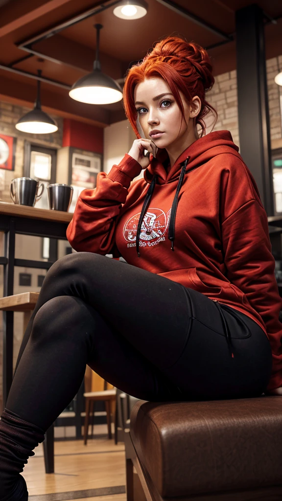 1 girl, red hair, updo hairstyle, hair strands on face, red eyes, hoodie, oversized hoodie, stomach, warm pants, tights, laced tights, bags under eyes, sitting, cafe, low angle shot, viewer looking up, feet in tights, sagging breasts, shock, raw photography, 8k, masterpiece