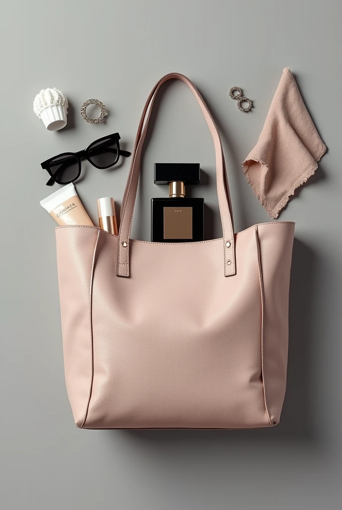 Instagram's what's in my bag style、Ultra HD、Background gray competition、handkerchief、Sunscreen、Square sunglasses、perfume、Silver Ring、Fashionable bags