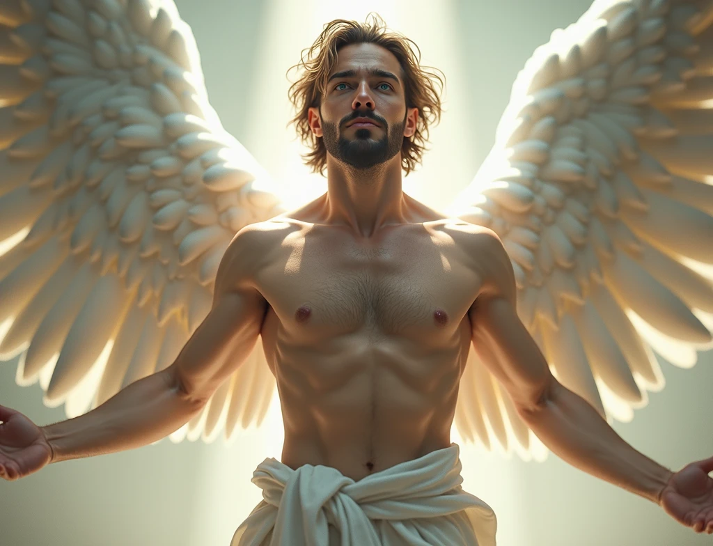 hyper-realistic, tao, who is 2, white race, male characteristics, der schönste tao, medium length brown-blonde hair, short full beard, blue-grey eyes, angel beauty, angel, eyes hunting, Hot body, sexly, passionate, shirtless, Arms outstretched, enveloped by beam of light