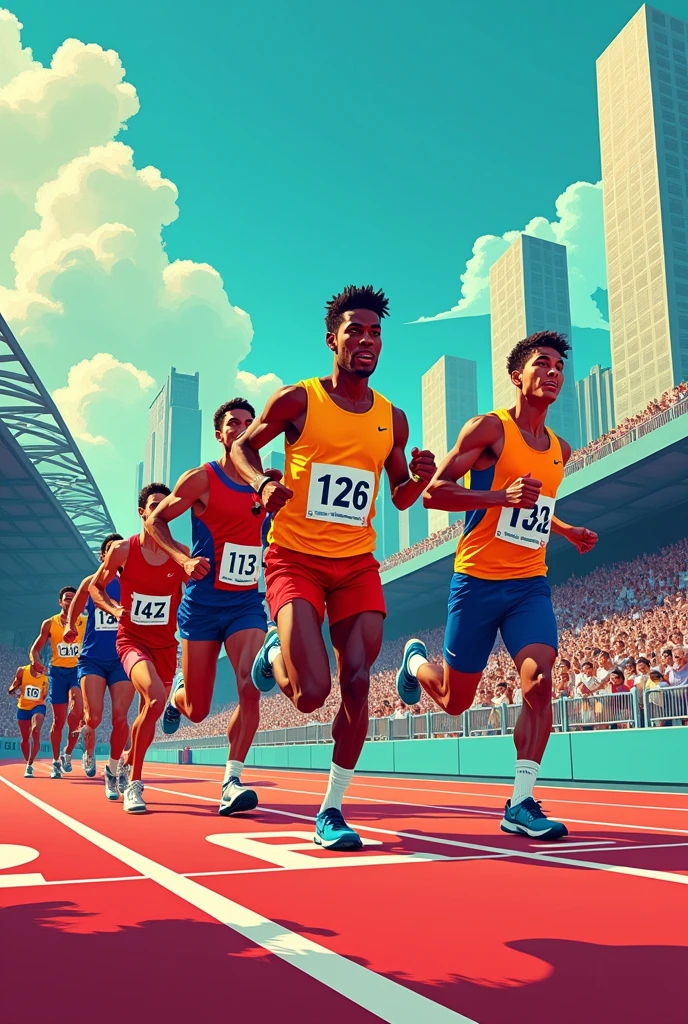 the starting line of a race track (marathon) in comic format