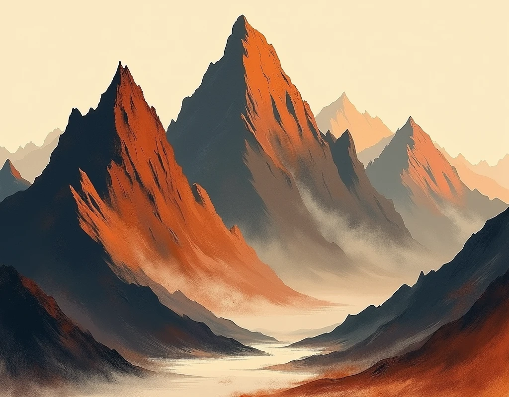 Design an abstract representation of rugged mountain terrain using bold, earthy tones.