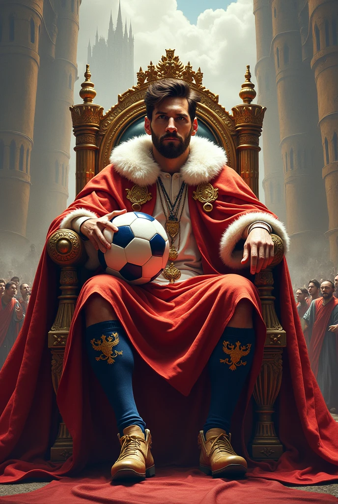 Messi as a king sitting  with his hingdom a football in his hand