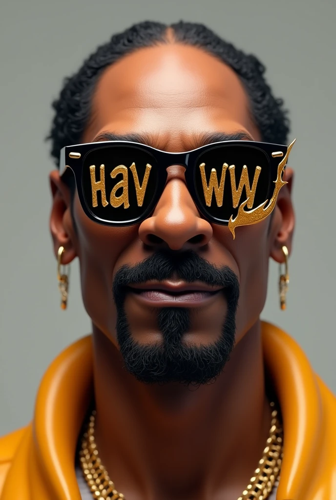 Snoop Dogg wore eye glasses with words on them "HAV", in a black type colour, golden flame . 3D 2700p.