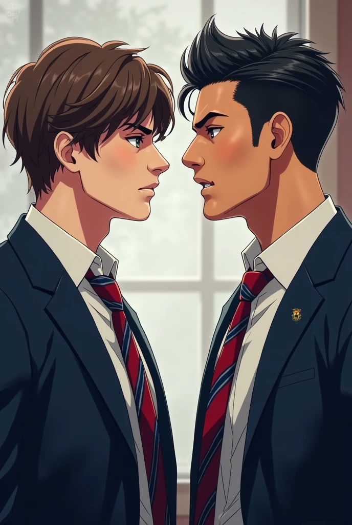 image of 2 gentlemen in their school uniform white long sleeves with red and blue striped neck tie and dark blue blazer. one on the right has short gelled up black hair, brown eye, chiseled jaw and diamond shaped face well build, a height of 6'1 feet and has olive skin tone, he's italian-german. the other one on the right has mid length to neck wavy brown hair, hazel eye, soft chiseled heart shape face, a height of 5'10 feet, he's italian and has light olive skin. both of them on side view looking at each other angrily