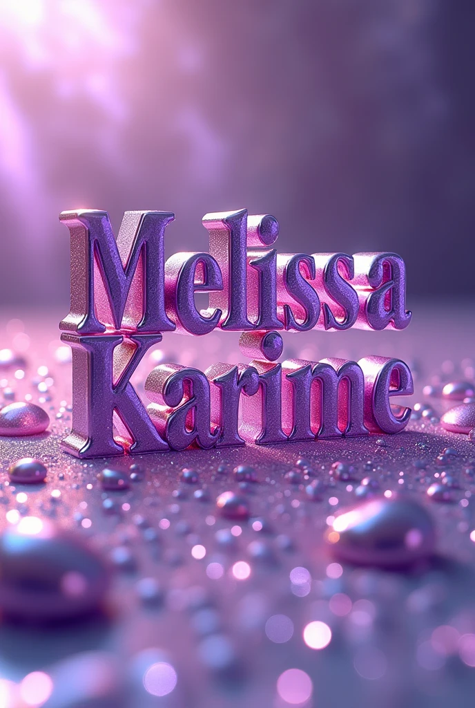 Text "Melissa Karime" using a opulent glossy purple cristal font flying over a sparkly girlie background
