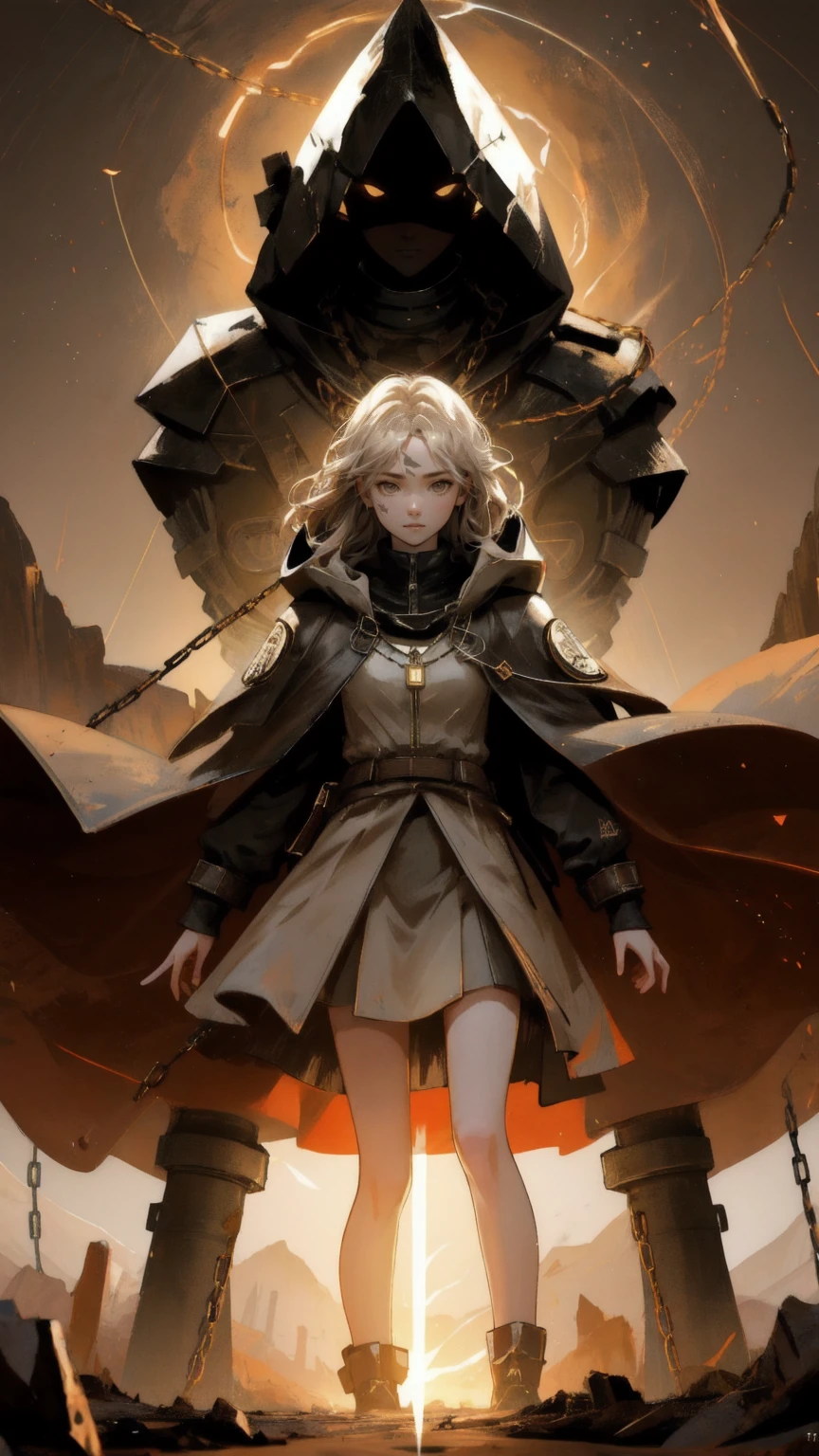 Epic illustration of a beautiful, fierce girl emerging from the ground with cracked, earth-covered arms and legs, wearing a hooded jacket with a glowing Bitcoin symbol on her face. The background should be a cracked, dry earth landscape with a brown color palette. In the air around her are floating digital Bitcoins, and the ground beneath her is crumbling, with chains and coins falling into a chasm. The keyword 'Mt. Gox Survivors' is subtly incorporated into the design.