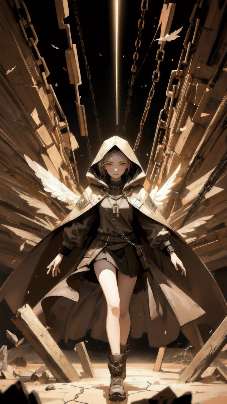 Epic illustration of a beautiful, fierce girl emerging from the ground with cracked, earth-covered arms and legs, wearing a hooded jacket with a glowing Bitcoin symbol on her face. The background should be a cracked, dry earth landscape with a brown color palette. In the air around her are floating digital Bitcoins, and the ground beneath her is crumbling, with chains and coins falling into a chasm. The keyword 'Mt. Gox Survivors' is subtly incorporated into the design.