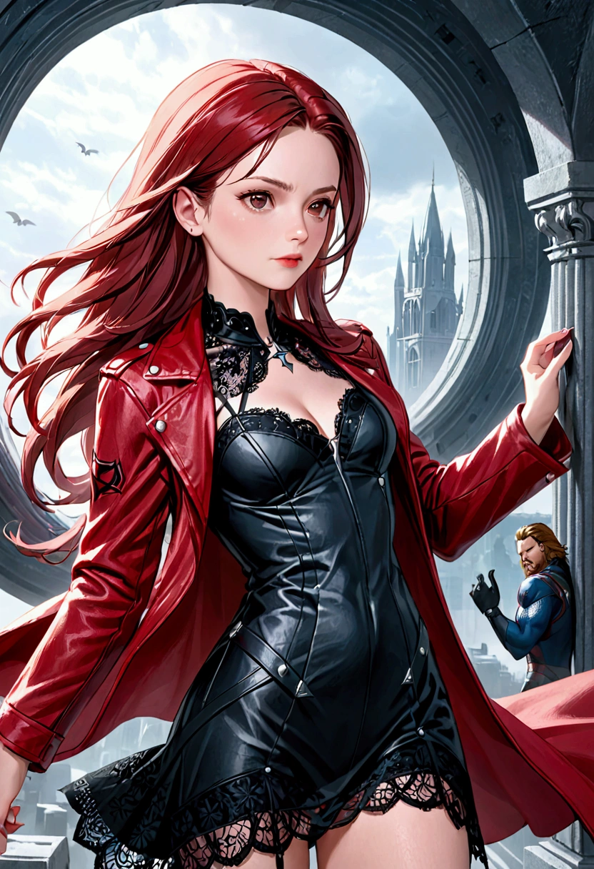 A detailed photograph of a woman., Laura Elizabeth, Red Witch, The Avengers, Wearing a black lace dress, Open the red leather jacket, 8k uh, raw photography, Modeling