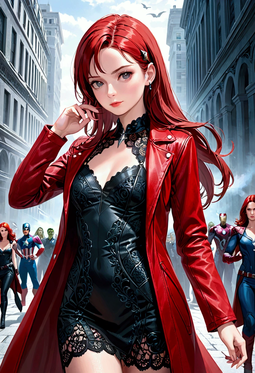 A detailed photograph of a woman., Laura Elizabeth, Red Witch, The Avengers, Wearing a black lace dress, Open the red leather jacket, 8k uh, raw photography, Modeling