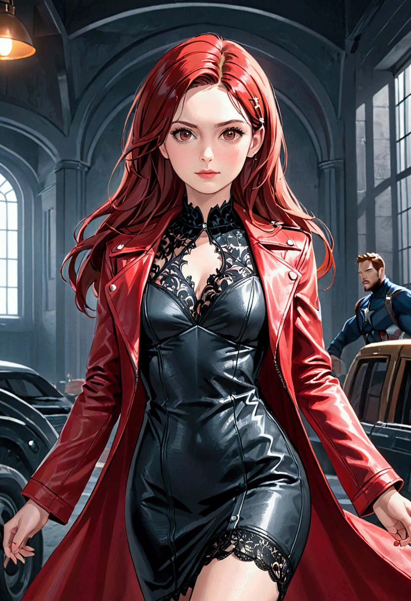 A detailed photograph of a woman., Laura Elizabeth, Red Witch, The Avengers, Wearing a black lace dress, Open the red leather jacket, 8k uh, raw photography, Modeling