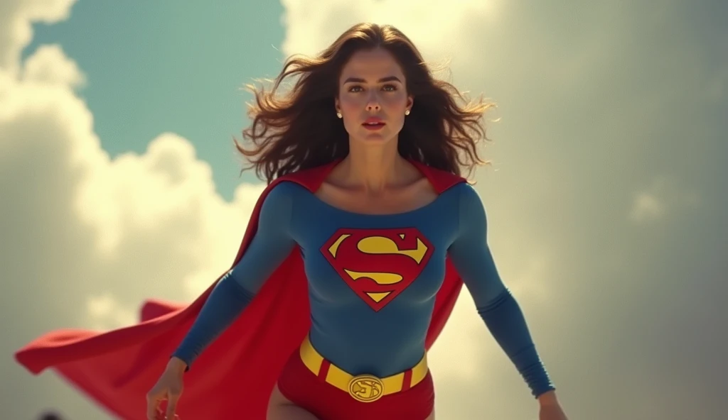 (((very beautiful old Supergirl (((1980s costume))) Julie Hagerty(((dark-haired, large-breasted woman in her 50s)))) Super woman Julie Hagerty; confident, powerful, indestructible, attractive; big and firm chest; strong breasts; decolando para o céu
