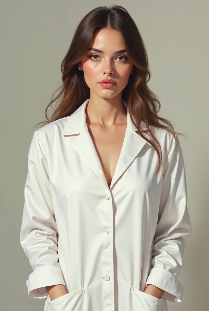 A pretty lady wearing a white psychology uniform for ID picture. Realistic. Light. Pink lips. Hazel brown eyes. Brown hair. Light skin. Perfect teeth. Long nose. Perfect face. Realistic old oil painting style. Whole body
