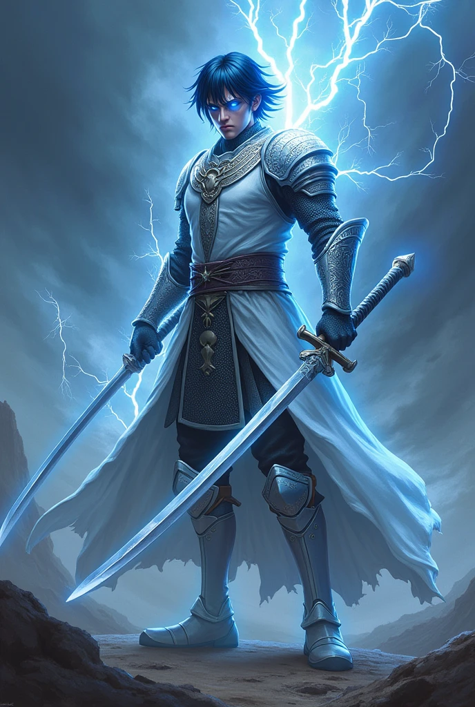 Swordman with one katana sword, and with white steel armor like knight and has a blend of styles like a samurai and an Egyptian warrior and have lightning power, with blue lightning aura eyes, and short black blue hair, and with a stand like samurai, gender a man, and standing in the middle of a thunderstorm