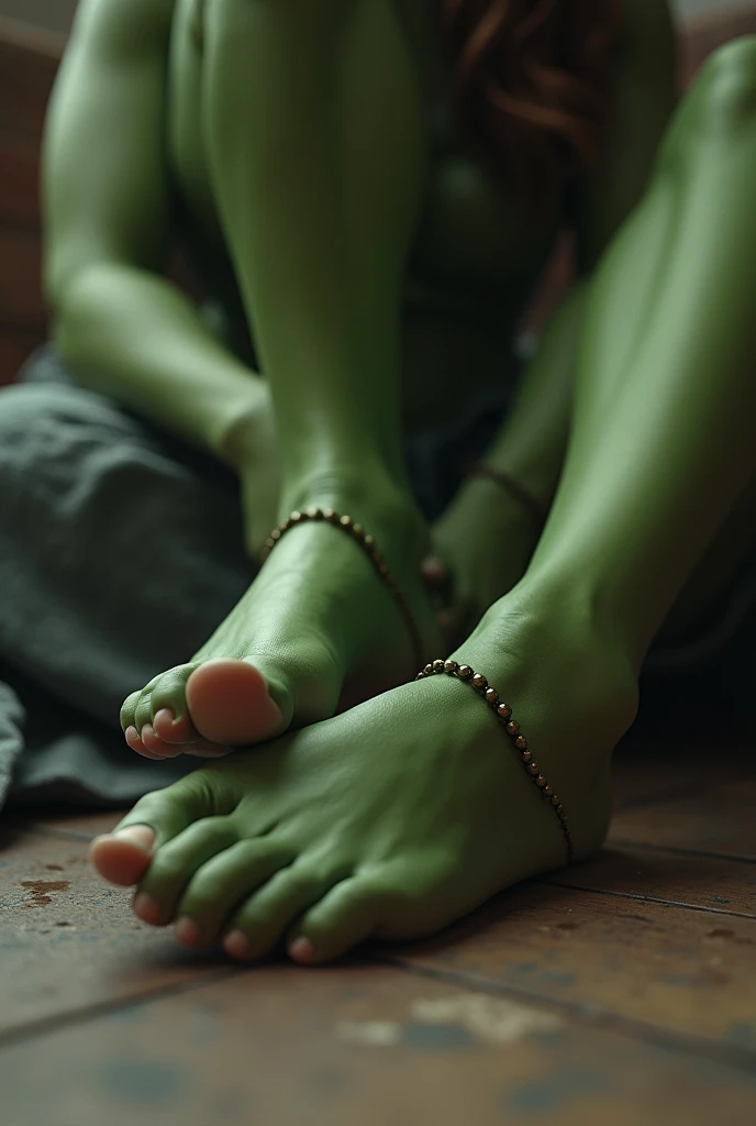 score_9,score_8_up,score_7_up, source_realistic, BREAK 1girl, she-hulk,sitting on the floor and showing her feet, (pov from below:1.3), micro POV, stepping on viewer, foot focus, curled toes, wide feet, barefoot, both detailed feet, RealFeet, five toes, smooth natural toenails,anklet, BREAK realistic, highly detailed,detailed skin,depth of field,film grain