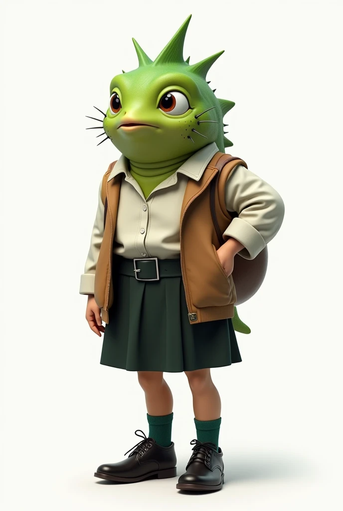 ((Highest quality)), ((photograph)), (front), A female green blow fish is wearing an off-white collared short-sleeved shirt, a light brown vest, a knee-length black skirt, dark green socks, and black shoes., Background is white, photographのようなリアルな画像
