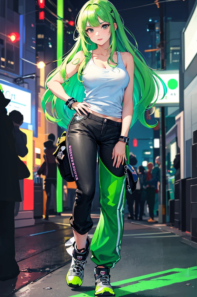 ((masterpiece)), (((best quality))), chromatic lighting,
colorized, green + white limited color palette,
detailed concept drawing,
Shibuya street girl, cyberpunk, futuristic,
portrait, 20yo 1girl, medium soft breasts, slender, tanktop, combat-pants,, long green hair, black eyes,in a city,