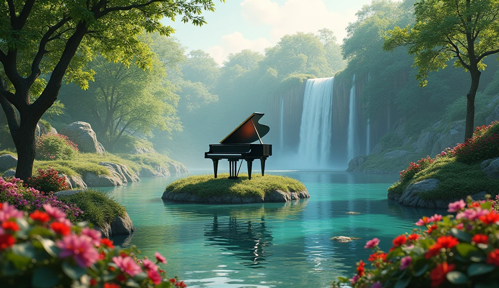 This image is、I draw tranquil natural scenery.。In the center is a grand piano placed on the island.、A waterfall cascades in the background.、Lush tree々It is surrounded by。In the foreground there are colorful flowers、The soft light of early morning or evening envelops the whole.。This scene、It creates a peaceful and magical atmosphere.。