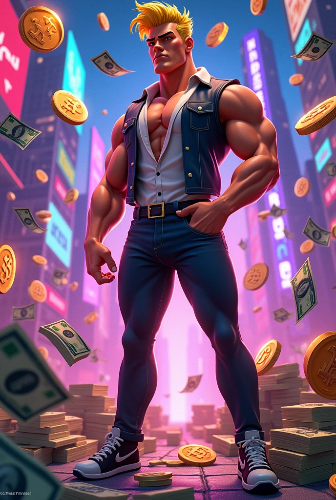 Johnny bravo with doge coin bitcoin solana coin and bundles of dollars