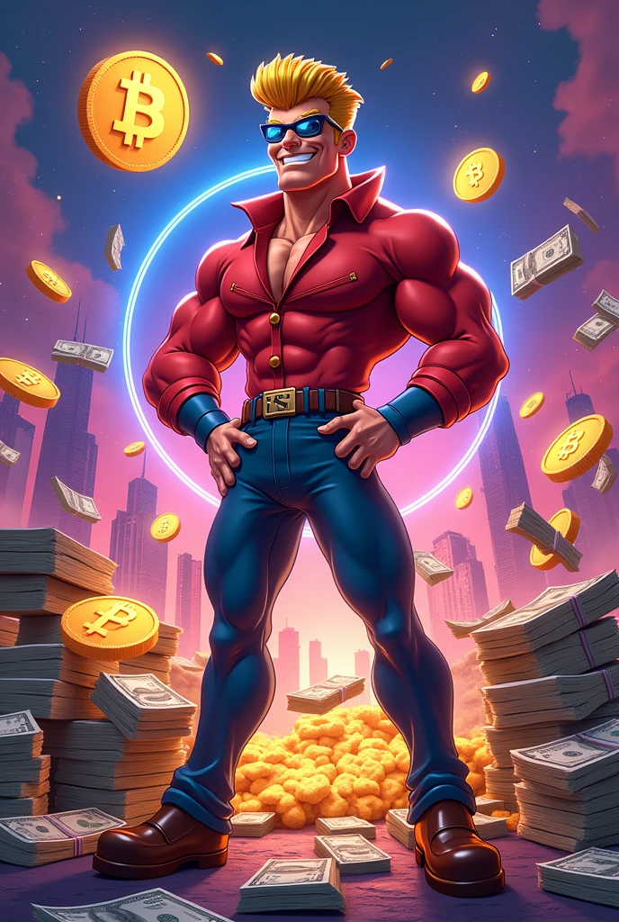 Johnny bravo with doge coin bitcoin solana coin and bundles of dollars