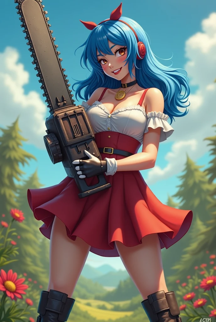 Beautiful blue haired woman girl holding a chainsaw in her hands, chainsaw with large teeth, full cup wearing over duct showing red and white schoolgirl outfit soldier boot glove big smile voluminous breasts simple neckline slender body countryside landscape with flowers high resolution 4k showing boots