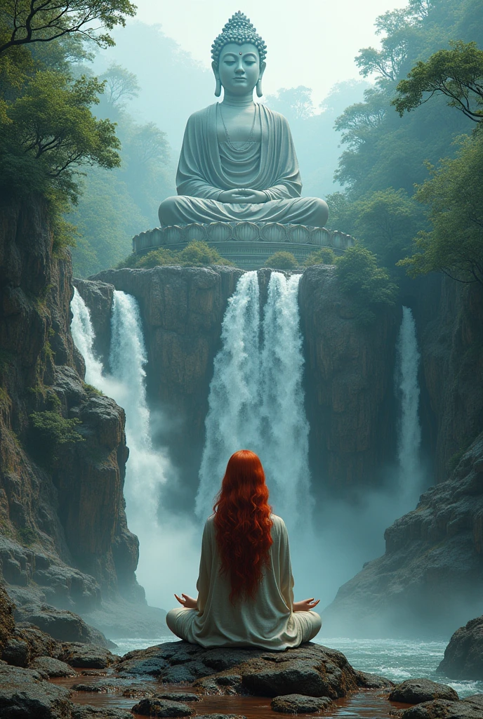 Arafed, fantasy art, a picture of  a female monk meditating at the base of a Buddha statue, there is a human woman monk wearing monk garbs, meditating near a (Buddha statue: 1.5), red hair, long hair, full body (best details, Masterpiece, best quality :1.5), ultra detailed face (best details, Masterpiece, best quality :1.5), ultra feminine (best details, Masterpiece, best quality :1.5), exquisite beautiful (best details, Masterpiece, best quality :1.5) red hair, long hair, wavy hair, pale skin, blue eyes, intense eyes, An epic sized Buddha statue, waterfall and streams of lava at forest background,  multi level water falls, several pools created in different levels, forming new waterfalls, water cascading into a pool, fantasy art, photorealistic, D&D art, ultra best realistic, best details, best quality, 16k, [ultra detailed], masterpiece, best quality, (extremely detailed), ultra wide shot, photorealism, depth of field