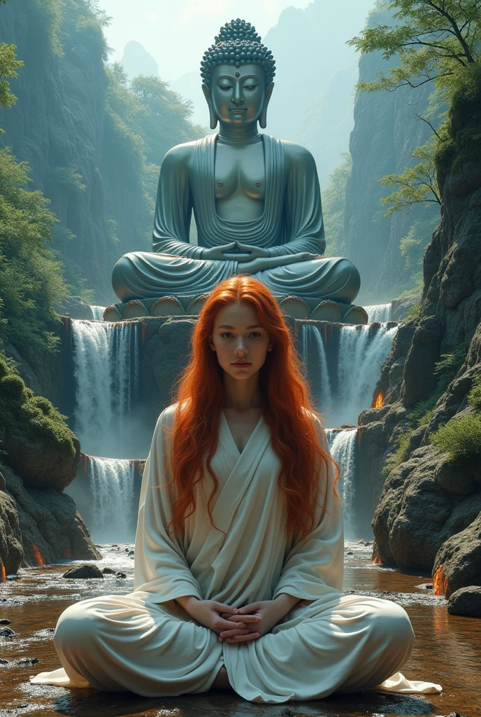 Arafed, fantasy art, a picture of  a female monk meditating at the base of a Buddha statue, there is a human woman monk wearing monk garbs, meditating near a (Buddha statue: 1.5), red hair, long hair, full body (best details, Masterpiece, best quality :1.5), ultra detailed face (best details, Masterpiece, best quality :1.5), ultra feminine (best details, Masterpiece, best quality :1.5), exquisite beautiful (best details, Masterpiece, best quality :1.5) red hair, long hair, wavy hair, pale skin, blue eyes, intense eyes, An epic sized Buddha statue, waterfall at forest background,  multi level water falls, several pools created in different levels, forming new waterfalls, water cascading into a pool, fantasy art, photorealistic, D&D art, ultra best realistic, best details, best quality, 16k, [ultra detailed], masterpiece, best quality, (extremely detailed), ultra wide shot, photorealism, depth of field