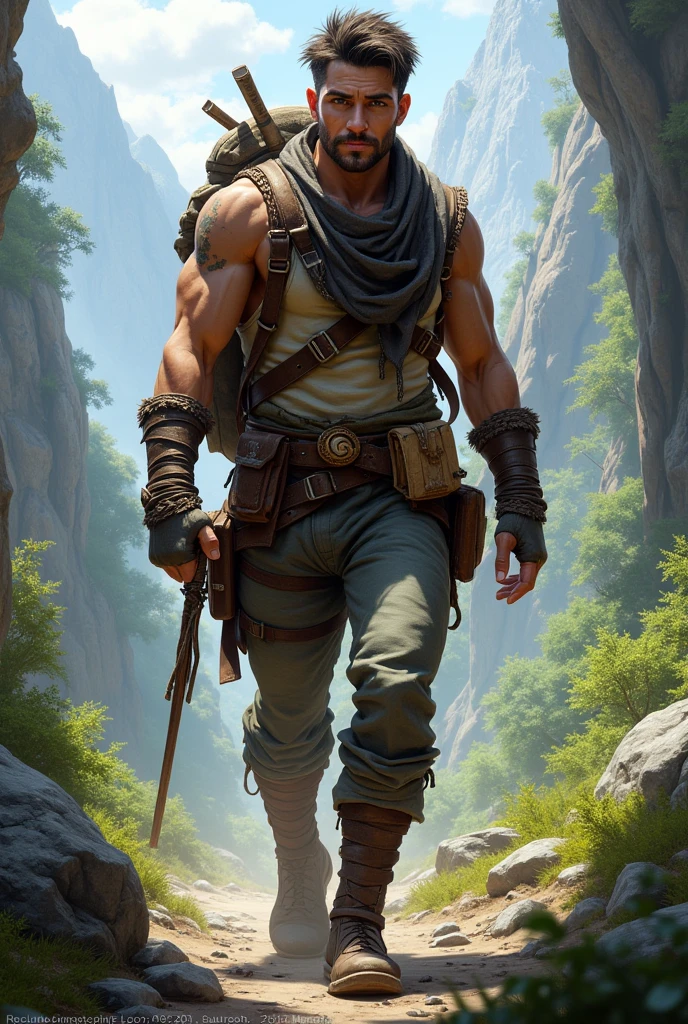 Portrait of loinclothed and topless logan jensen standing atop a rocky mountain with nice fantasy views of a jungle. Digital painting, artstation, concept art, soft focus, sharp, illustration.