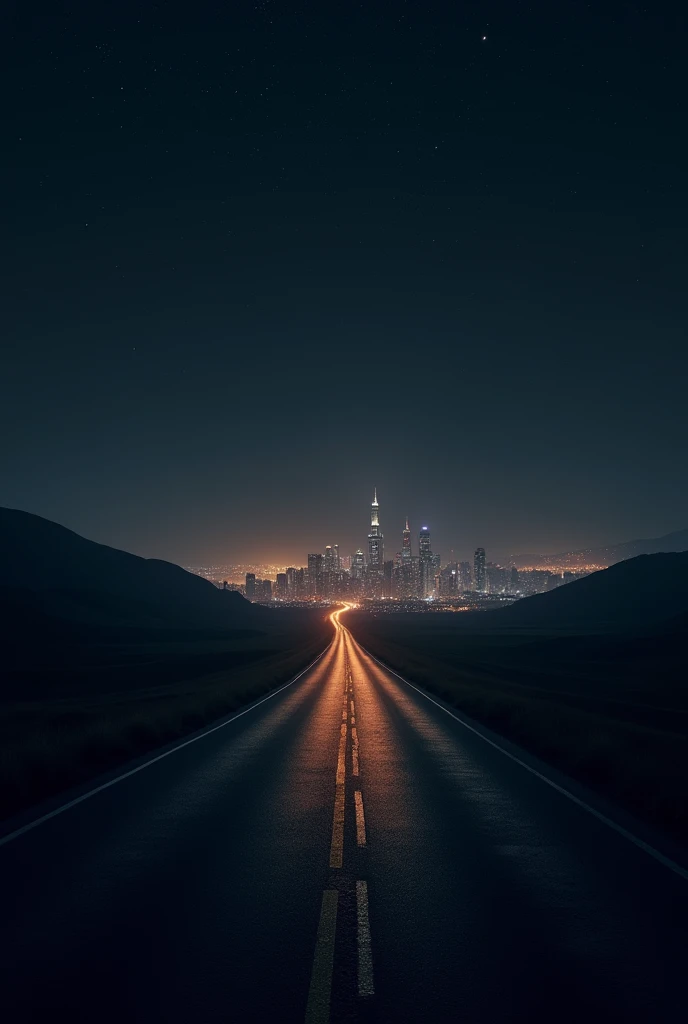 A empty road to a big city in an open place at night