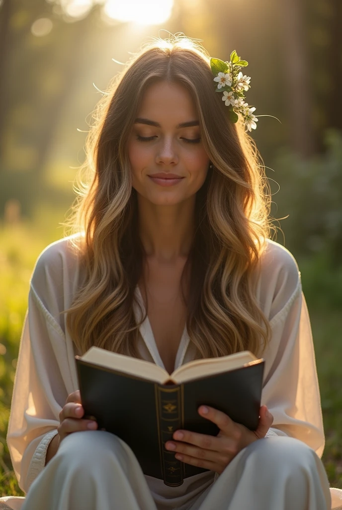 woman, white, 30 years old, with the bible in her hand, looking at the sky, realistic, long hair, long dark hair with blonde highlights, sitting, flower in her hair, looking at the sky, smiling, sitting, thinking, hair flower, god rays, dutch golden age painting, cinematic lighting, En plein air, god rays, Dutch Golden Age painting, cinematic lighting, masterpiece, masterpiece