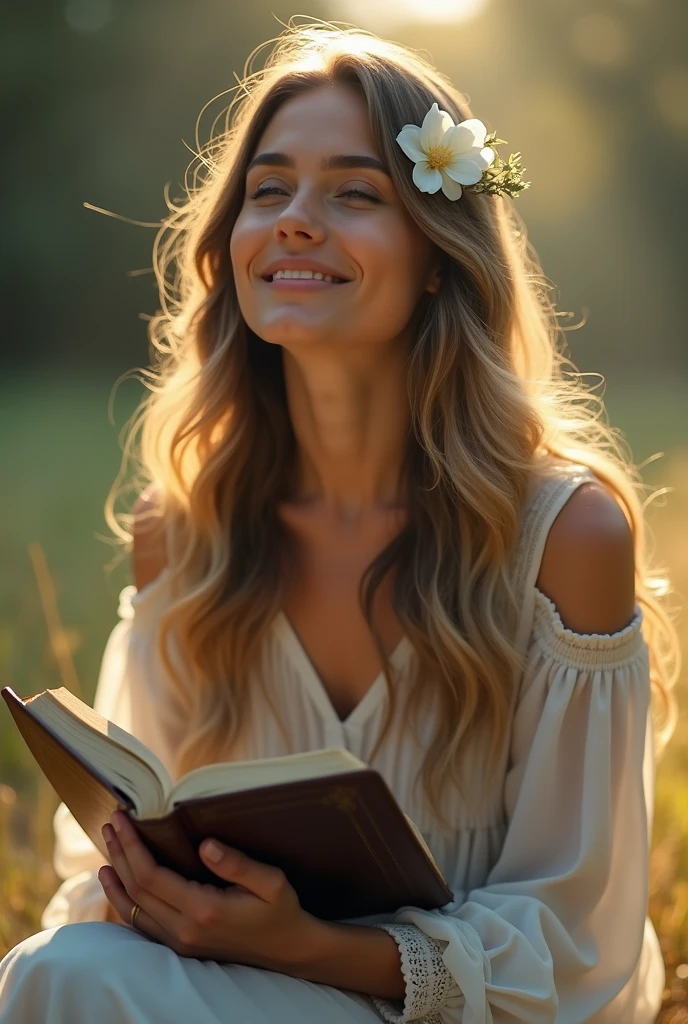 woman, white, 30 years old, with the bible in her hand, looking at the sky, realistic, long hair, long dark hair with blonde highlights, sitting, flower in her hair, looking at the sky, smiling, sitting, thinking, hair flower, god rays, dutch golden age painting, cinematic lighting, En plein air, god rays, Dutch Golden Age painting, cinematic lighting, masterpiece, masterpiece