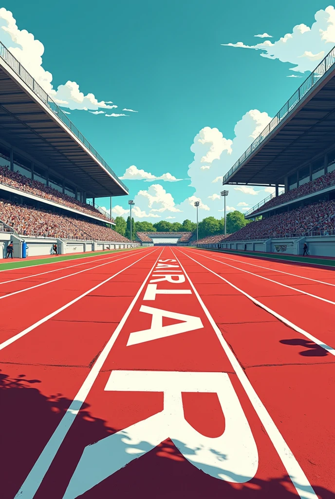 the starting line of a race track (marathon) no characters, only the stage in comic format
