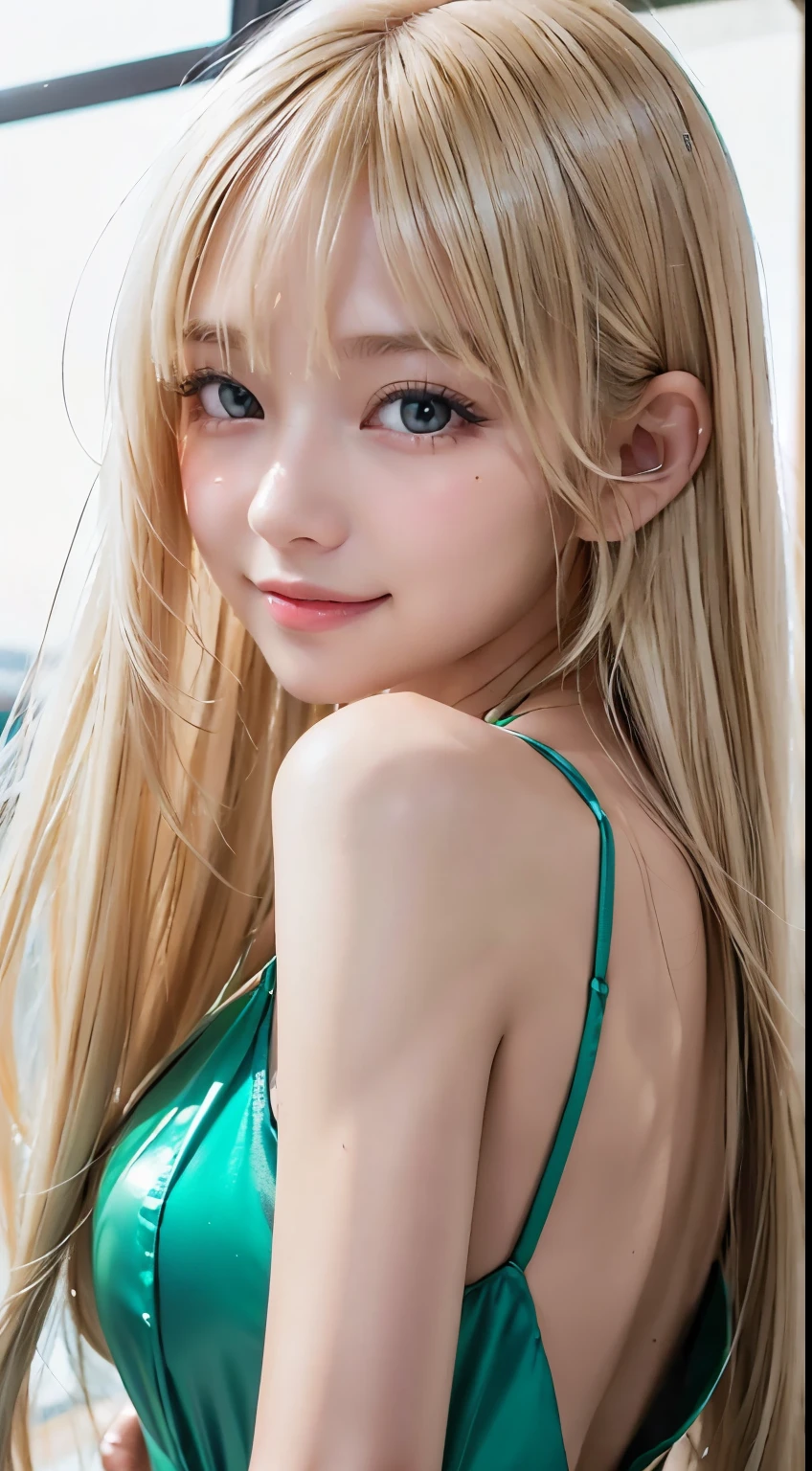 windy blonde hair、Sexy and beautiful、Very cute face、very long and beautiful straight blonde hair、Shiny and dazzling bright blonde hair、Very cute beautiful face、Sexy and cute beauty 1、Her bright pearl green eyes are cute、Beautiful transparent skin、Long bangs cover cute features、Beautiful babe with clear, beautiful dark blonde silky hair