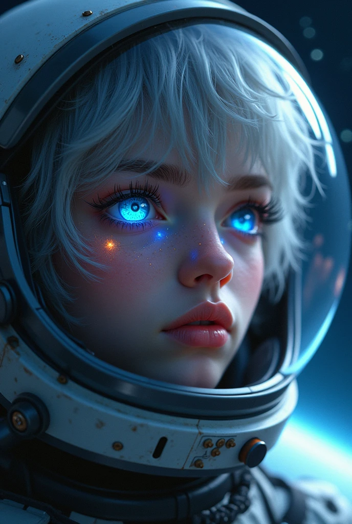 (Close-up of a better masterpiece:1.5)0.9], (Space and astronauts:1.2) (Messy silver hair:1.1) (Heterochromia xanthochromia and blue eyes:1.2) (Space Helmet:1.0) (Colored stars in the eyes:1.0) (A radiant glow:1.1) (thick lips:0.9)