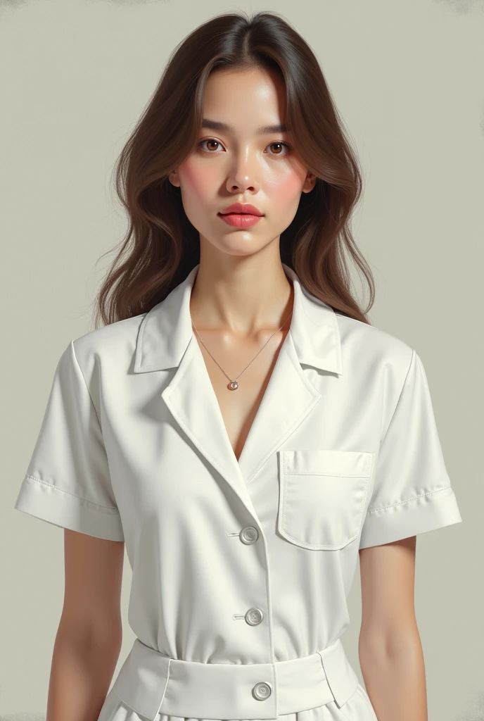 A pretty lady wearing a white psychology uniform for ID picture. Realistic. Light. Pink lips. Hazel brown eyes. Brown hair. Light skin. Perfect teeth. Long nose. Perfect face. Realistic old oil painting style. Whole body