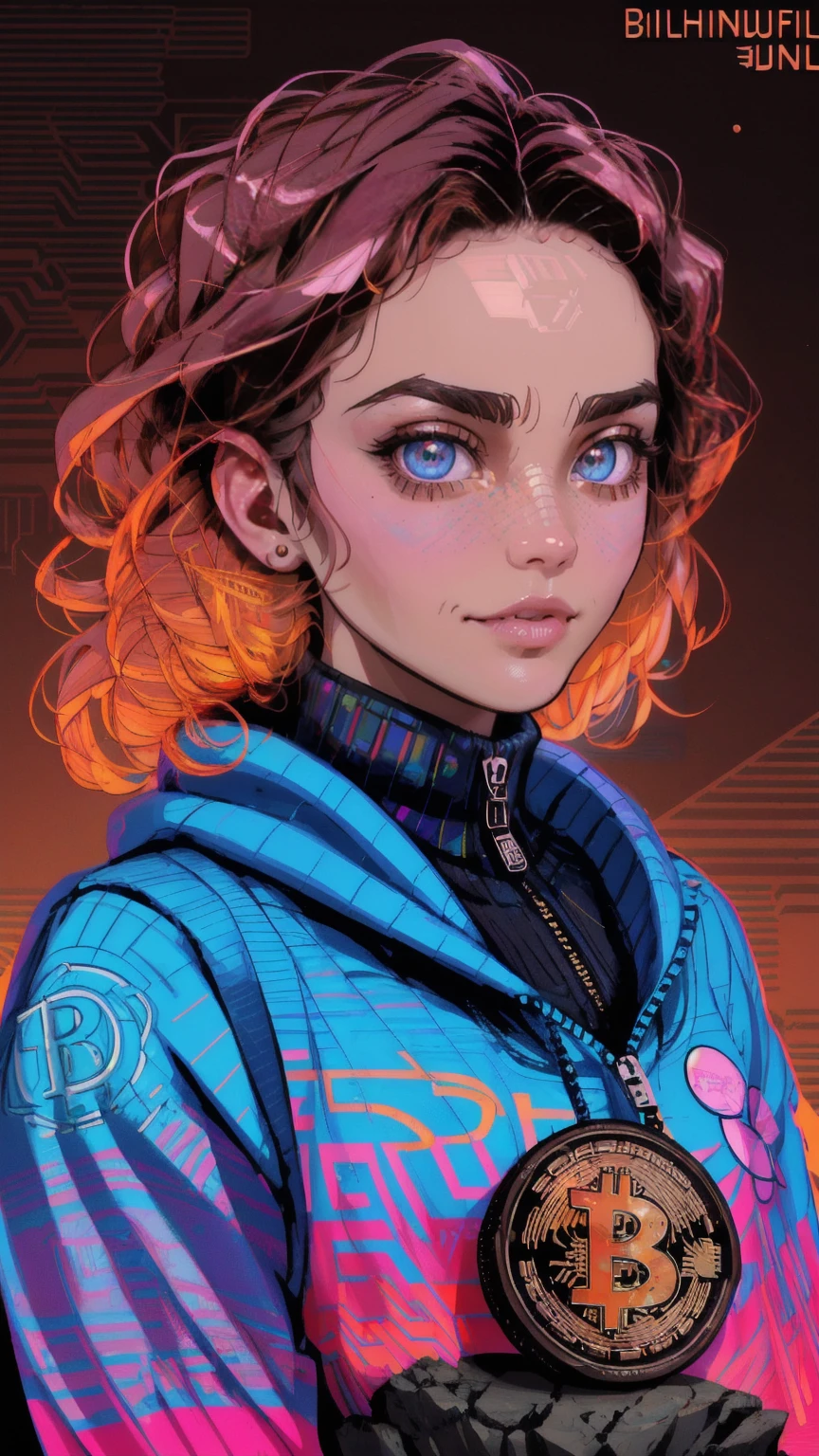a close up of a beautiful girl on a rock with a bitcoin on it, with brown background bitcoin evil, bitcoin, typical cryptocurrency nerd, crypto, mining, satoshi, cryptopunk, cryptocurrency, josan gonzales, crypto valut, ( ( ( ( ( dan mumford ) ) ) ) ), giant crypto vault, cryptopunk with pit vipers, josan gonzales!!!, jen bartel