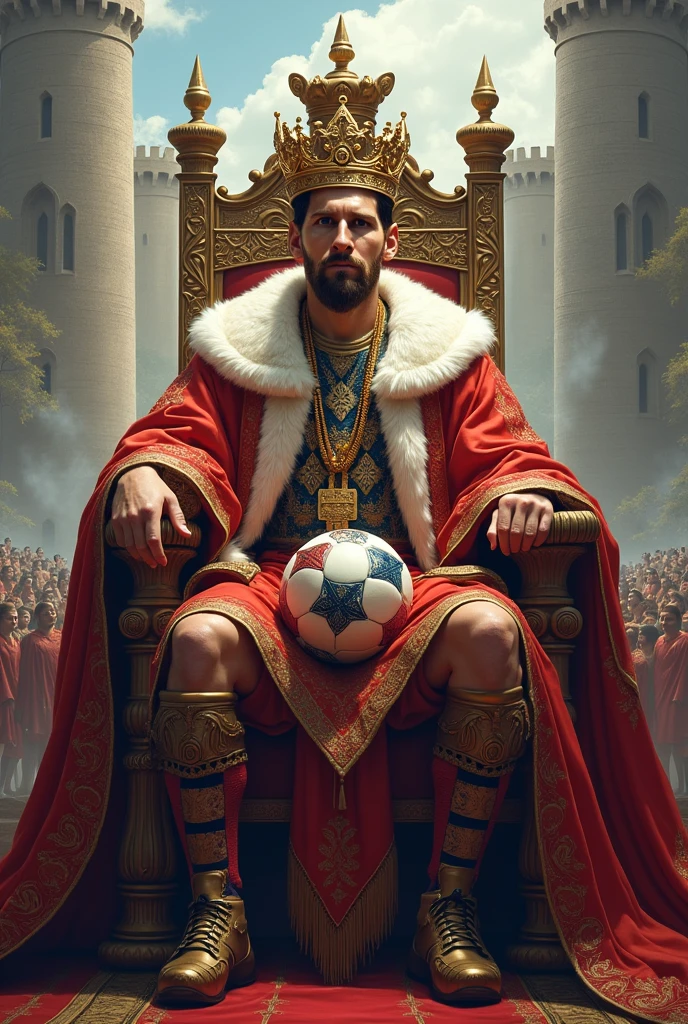 Messi as a king sitting with his hingdom a football in his hand
