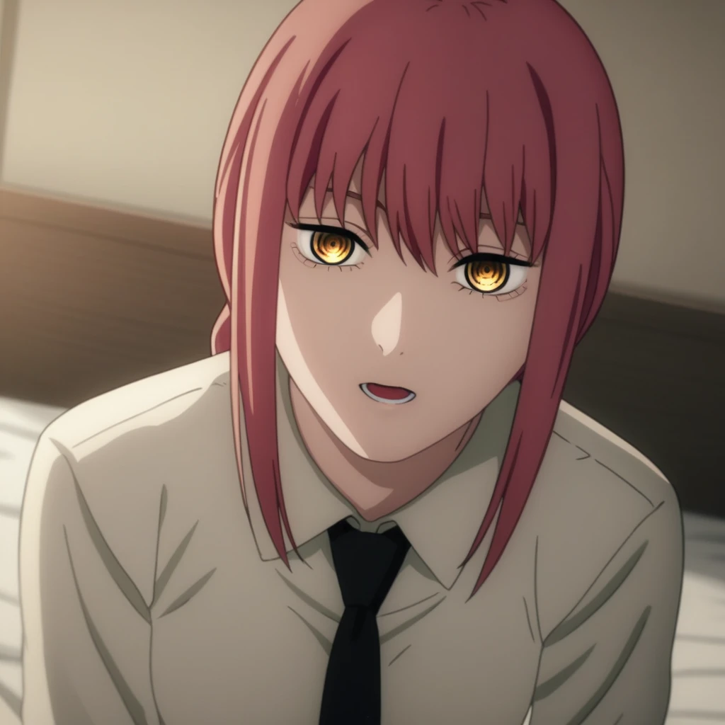 source_anime,
Makima, long hair,  Braided Ponytail ,red hair, detailed gold eyes, hair between eyes,(( perfect eyes )), Perfect face, expressive eyes, close up face,
((undress dress shirt)),bra ,pants,
indoors, bed, realistic bed room, kneeling, 
cowboy shot, looking at viewer, solo, dutch angle, [medium breast], open mouth,