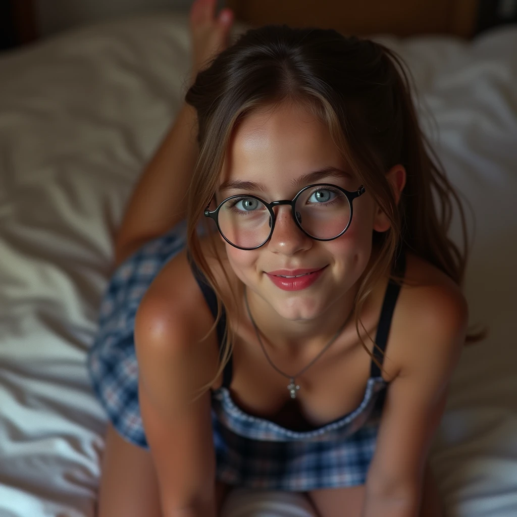 beautiful sexy little tween AnnaSophia Robb school girl, thin, long brown hair, blue eyes, nice bottom, nice bottom, big red lips, dressed like a whore, tiny short blue plaid skirt, wearing only lingerie, scared, nice legs, nice bottom, lying on bed with legs opened, ultra realistic, wearing glasses, wearing cropped top, fit, pony tail, ful body image, awesome fit body, viewed from above, missionary pose, thick over her face, cum on face, bukakke, facialized, semen on all her face, cumshot, cum shot