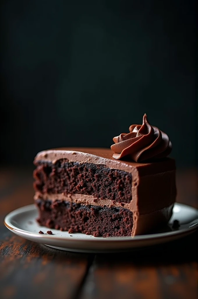 cinematic film still chocolate, chocolate cake, dark background, quality photo, moist texture, frosting, studio photo, slice . shallow depth of field, vignette, highly detailed, high budget, bokeh, cinemascope, moody, epic, gorgeous, film grain, grainy