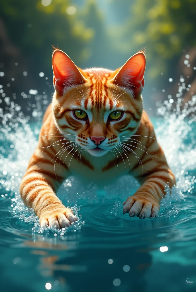 swimming cat with a strong body