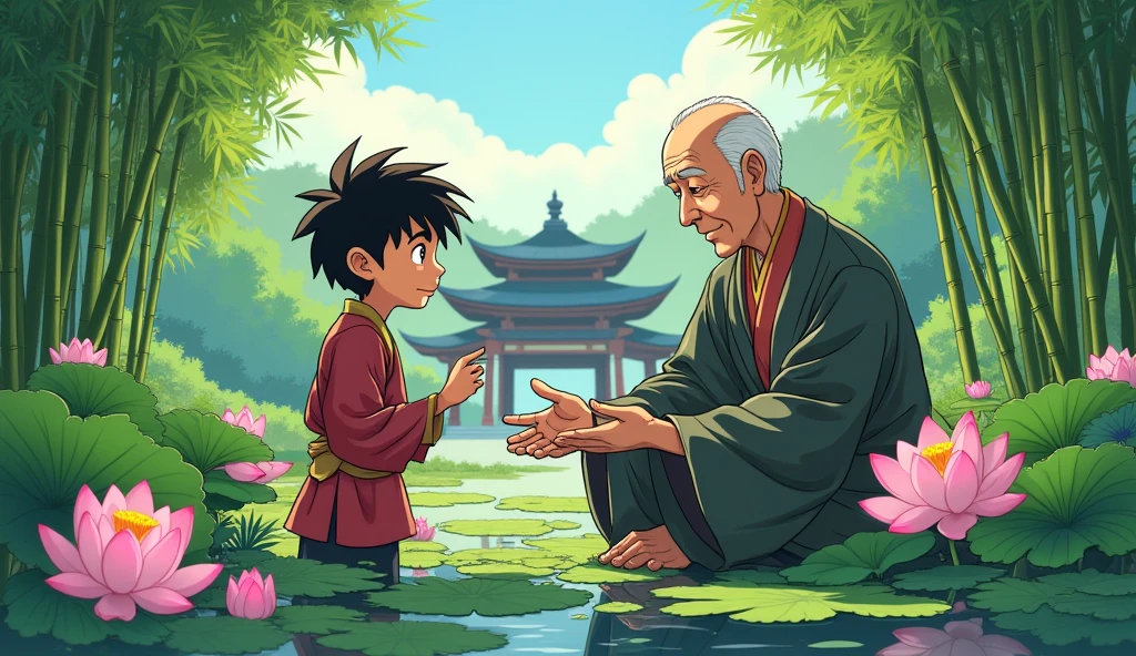 Hiro a young adult boy is greeted by Master Koji, who is tending to a small garden. Master Koji is an elderly man with a calm and wise expression, wearing traditional Zen monk robes. The garden is filled with blooming lotus flowers, and a gentle breeze rustles the leaves.in the background his temple with bamboo in comic style 