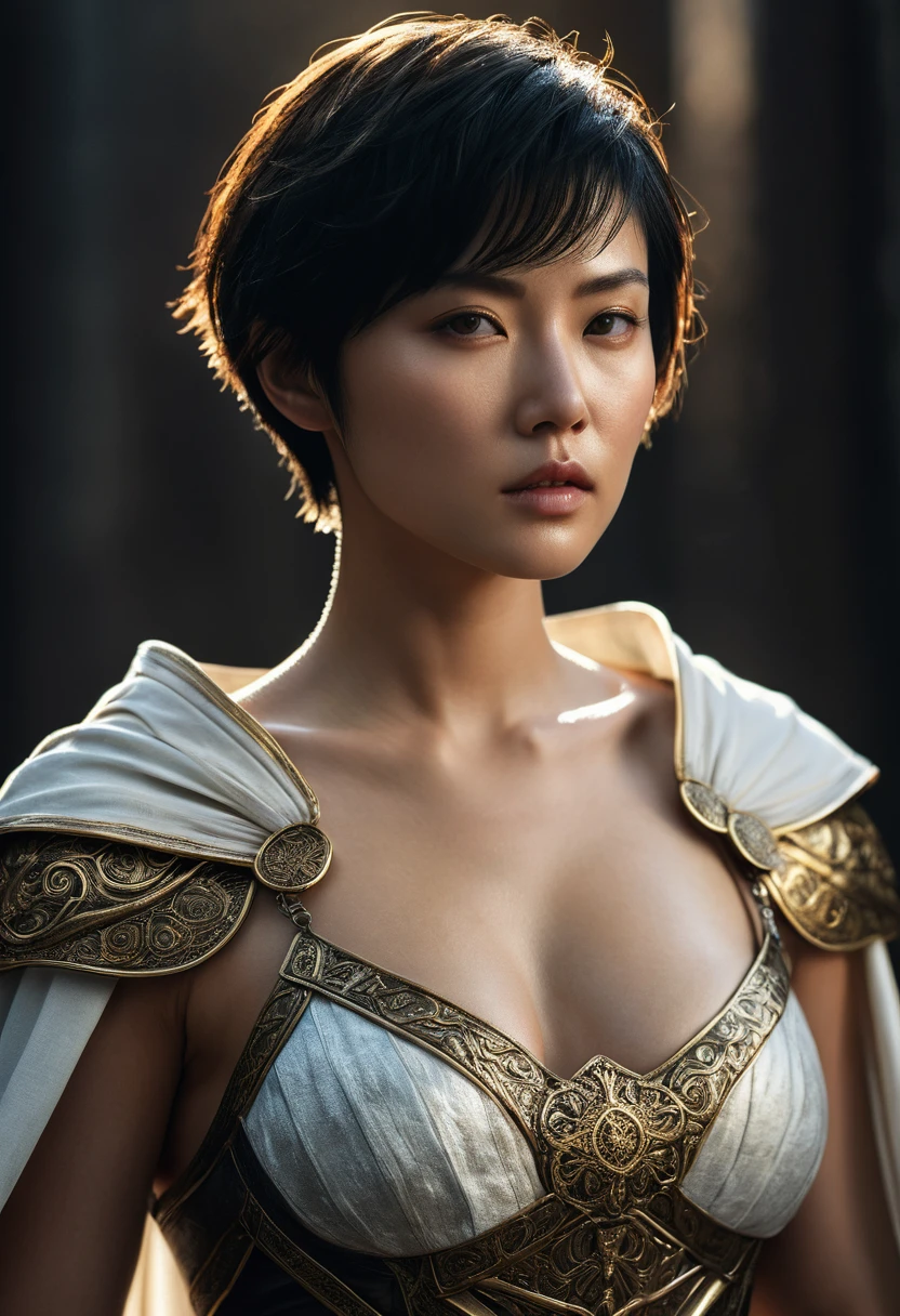 genius extremely beautiful young lady Keiko, short hair, black hair, subtle makeup, golden hour, photorealistic, high contrast, 8k HD, detailed, hyper-detailed, realistic skin texture, big breast, best quality, ultra high res, raw photo, dramatic lighting, unreal engine, diffuse glow intricate silver eaba, white imperial cape, spear, sword, no helm, intricate details High Quality, 8k, Realistic, Ultra-Detailed, Dramatic Lighting, Soft Focus, Digital Illustration, Intense Expression, Strong Gaze, Intense Emotion, Complex Mechanics, Advanced Technology, Dark Background, Cinematic, High Contrast, Moody, Strict, Atmosphere, (Best Quality, 4k, 8k, High Definition, Masterpiece: 1. 2 ), ultra-detailed, (realistic, graphic, photorealistic:1.37) --no glass
